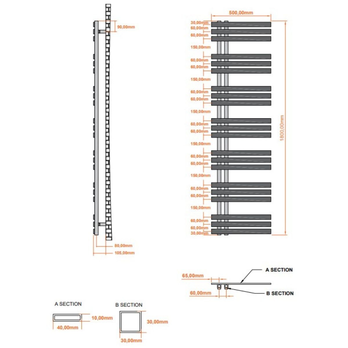 AM00203 - Amara Brack Central Heating Towel Rail in Chrome - Coa Living