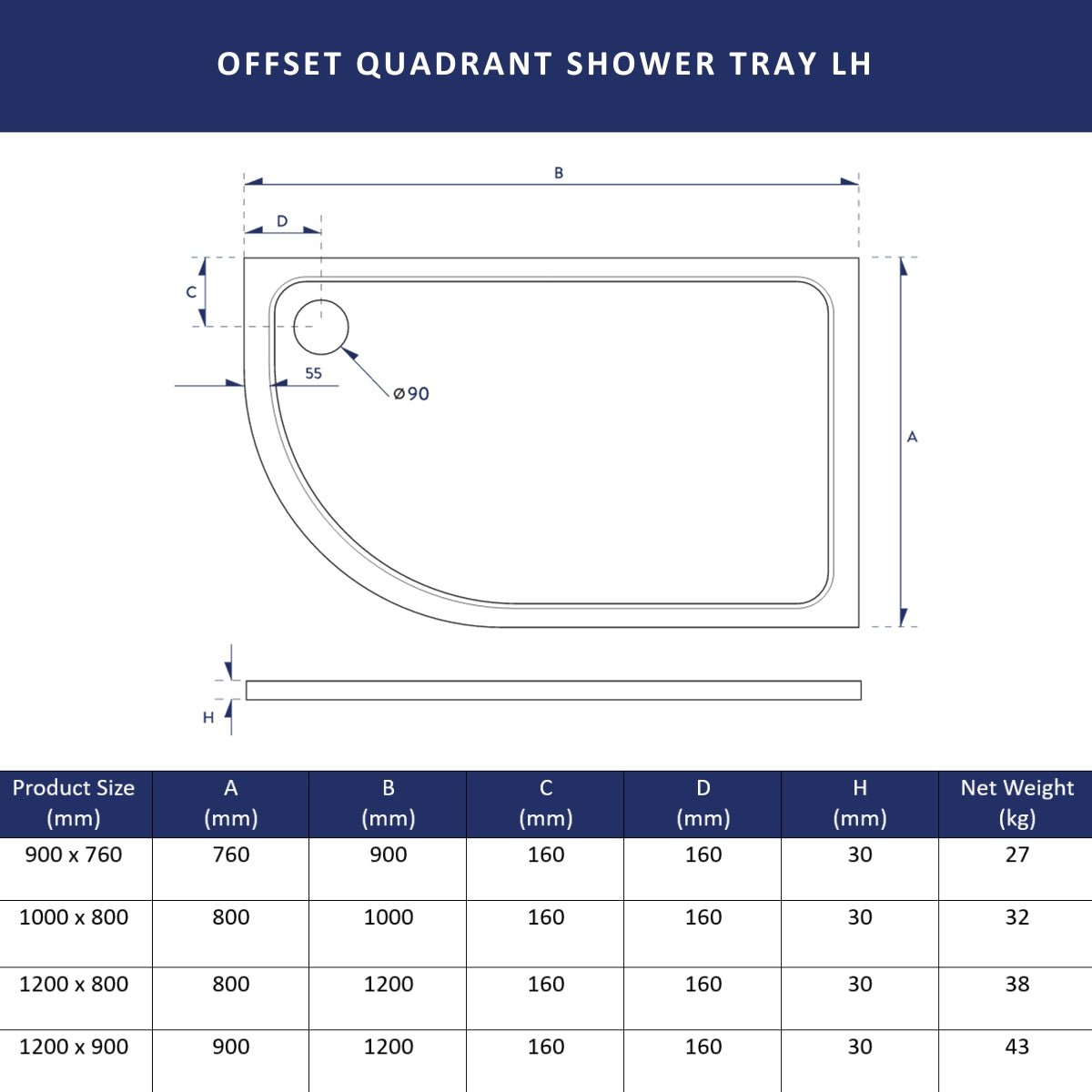 AM00536 - Amara Left-Handed Offset Quadrant Shower Tray - Coa Living