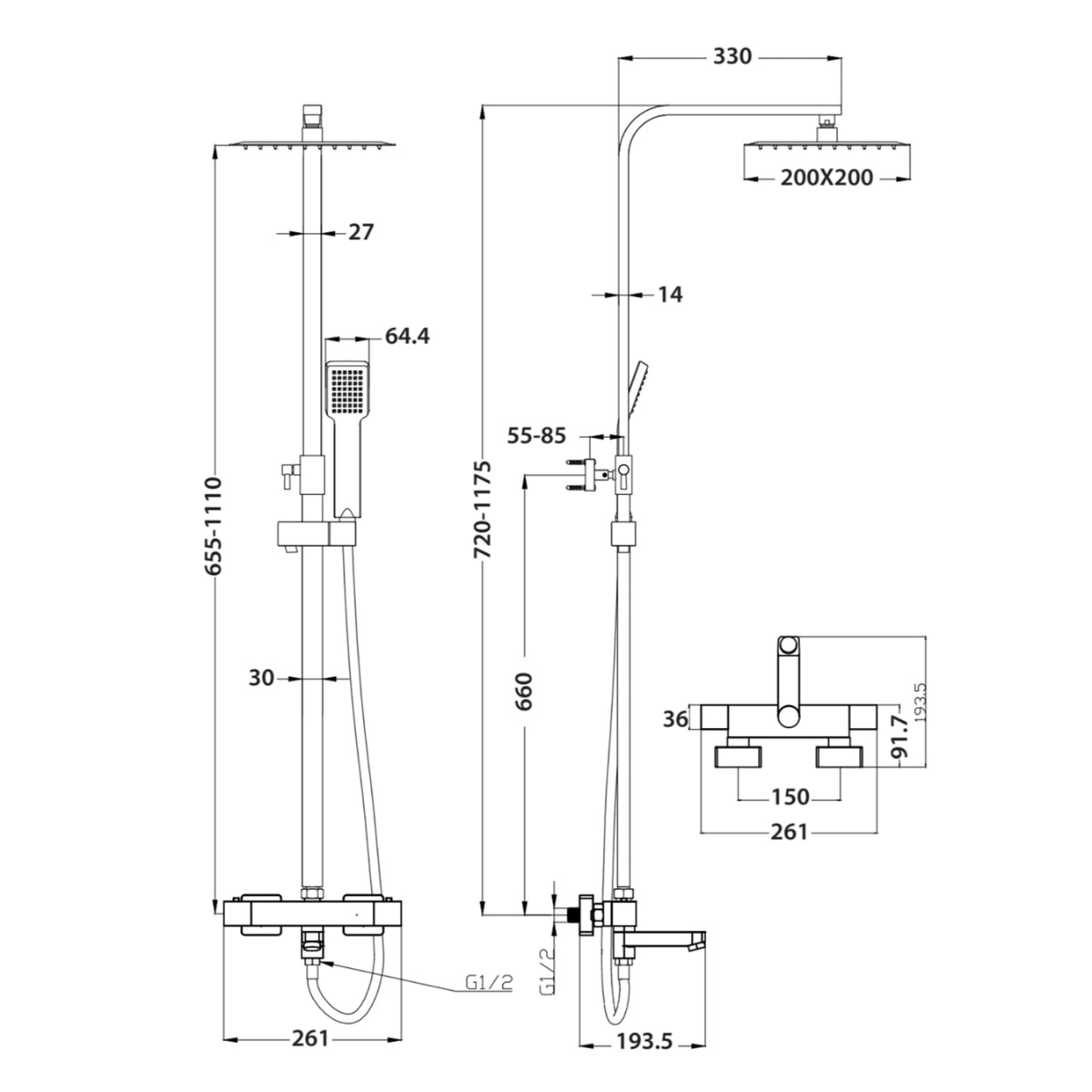 AM00580 - Amara Square Rigid Riser Shower with Bath Filler in Chrome - Coa Living