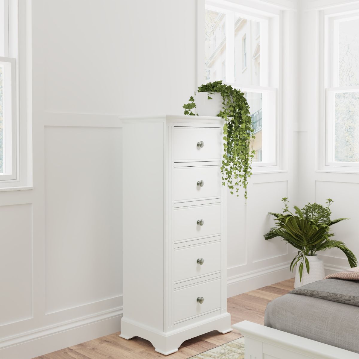 BP Bedroom - White 5 Drawer Narrow Chest